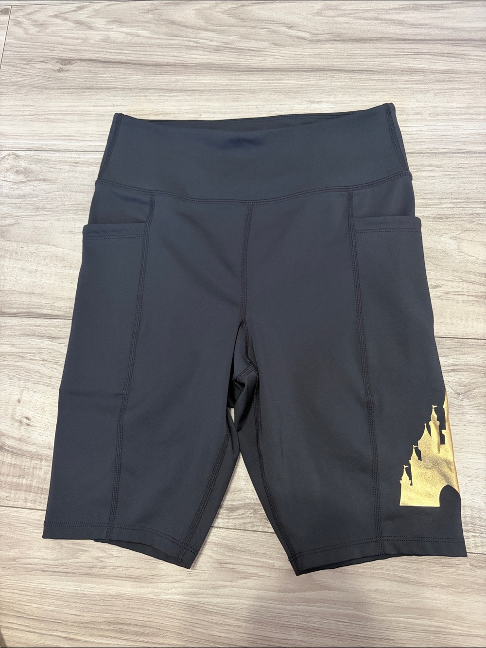 Disney Black High-Waist Bike Shorts with Gold Castle Detail